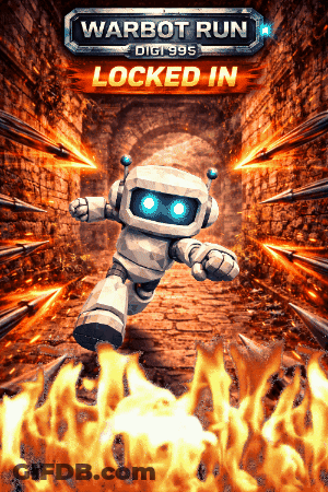 A Poster For Warbot Run Shows A Robot Locked In A Fire GIF