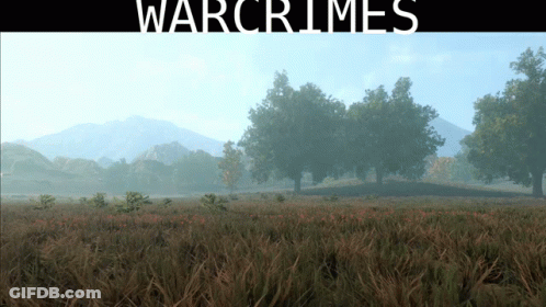 A Poster For Warcrimes Shows A Field With Trees In The Background GIF