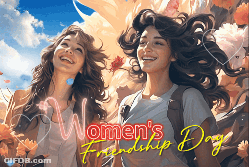 A Poster For Women 'S Friendship Day Shows Two Women Smiling GIF