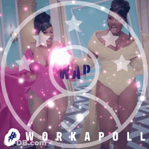 A Poster For Workapoll Shows Two Women In Pink And Yellow Dresses GIF