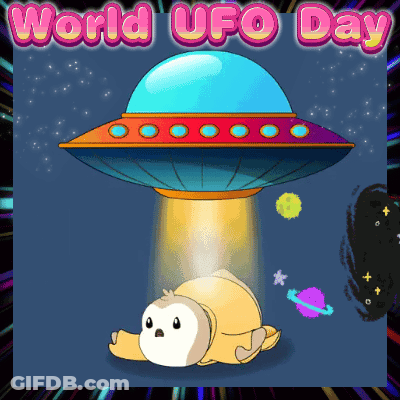 A Poster For World Ufo Day With A Sloth Coming Out Of A Spaceship GIF