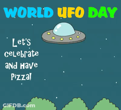 A Poster For World Ufo Day With An Illustration Of A Flying Saucer GIF