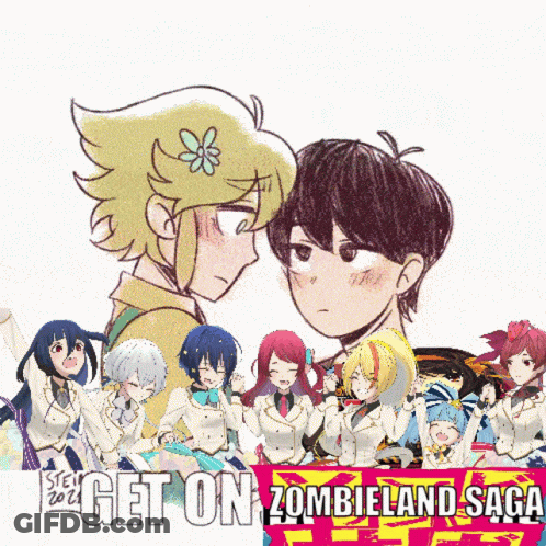 A Poster For Zombieland Saga Shows A Boy And Girl Looking At Each Other GIF