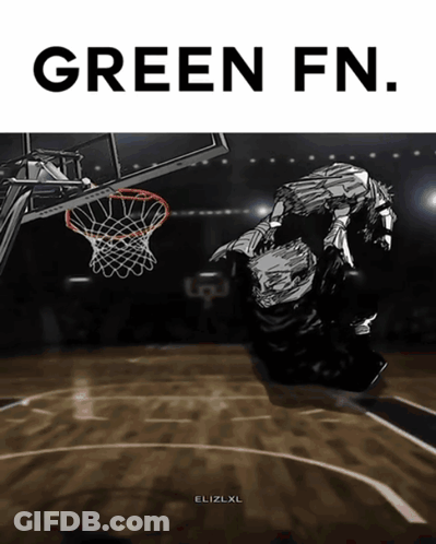 A Poster Of A Basketball Game With The Words Green Fn Below It GIF