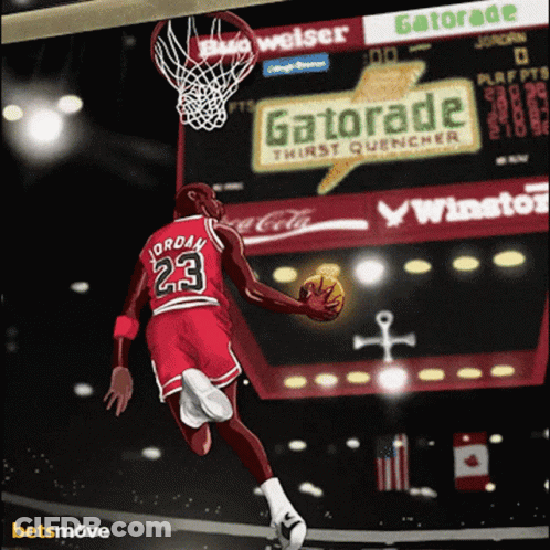 A Poster Of A Basketball Player With The Number 23 On His Jersey GIF