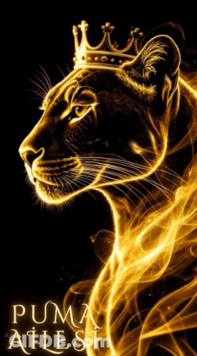 A Poster Of A Black Panther With A Gold Crown On Its Head GIF