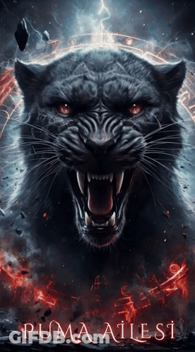 A Poster Of A Black Panther With Its Mouth Open And The Words Puma Atlesi Written Below It GIF