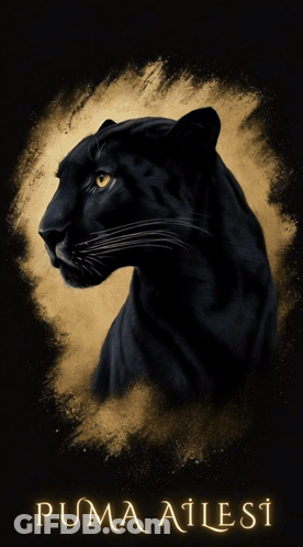 A Poster Of A Black Panther With Puma Ailesi Written In Gold GIF