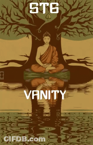 A Poster Of A Buddha Sitting Under A Tree With The Words Stg Vanity Above Him GIF