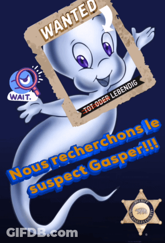 A Poster Of A Cartoon Ghost With A Wanted Sign Above It GIF