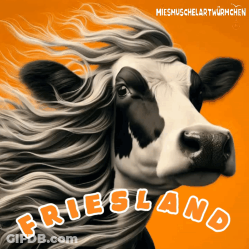 A Poster Of A Cow With Friesland Written In White Letters GIF
