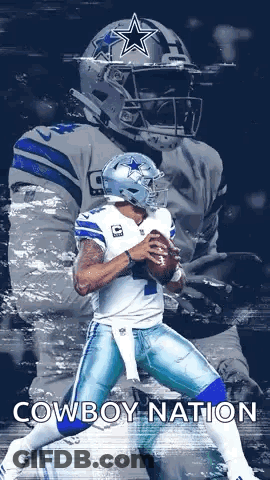 A Poster Of A Cowboys Football Player With The Words Cowboy Nation Below Him GIF