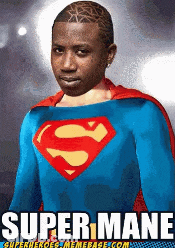 A Poster Of A Man Dressed As Superman With The Words Super Mane On The Bottom GIF