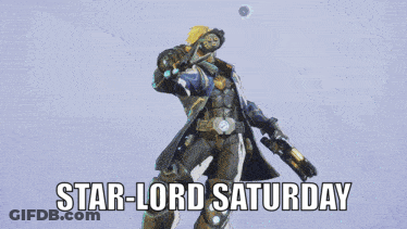 A Poster Of A Man Holding A Gun With The Words Star-Lord Saturday Below Him GIF