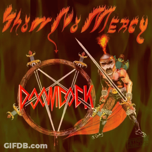 A Poster Of A Man Holding A Sword With The Word Doomback On It GIF