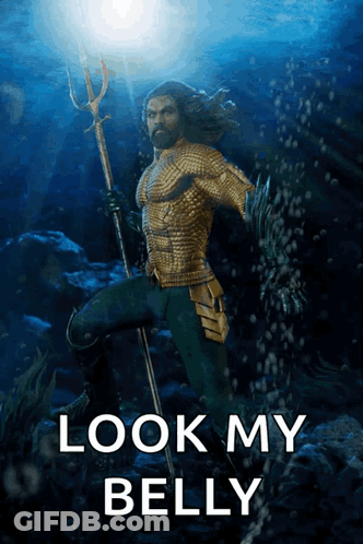 A Poster Of A Man Holding A Trident With The Words Look My Belly Below Him GIF