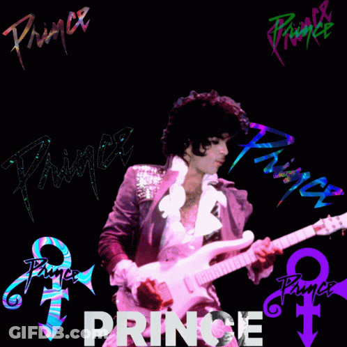 A Poster Of A Man Playing A Guitar With The Word Prince In The Corner GIF
