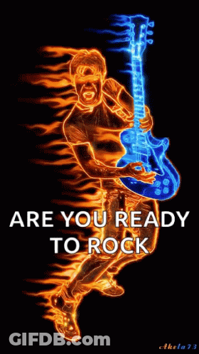 A Poster Of A Man Playing A Guitar With The Words Are You Ready To Rock GIF