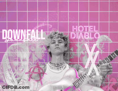 A Poster Of A Man Playing A Guitar With The Words Hotel Diablo X GIF