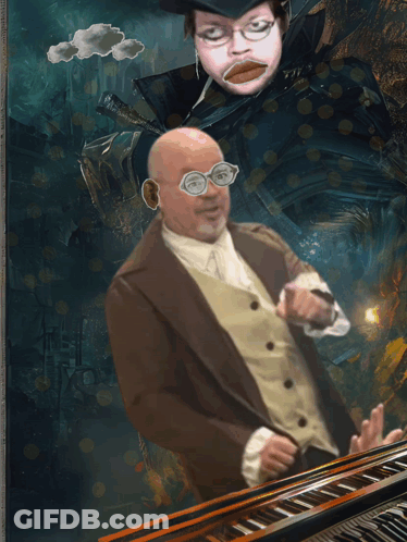 A Poster Of A Man Playing A Piano With The Words Classicman Below Him GIF