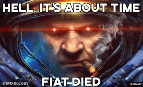 A Poster Of A Man Smoking A Cigar With The Words " Hell It 'S About Time Fiat Died " GIF