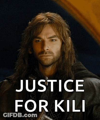 A Poster Of A Man With Long Hair And The Words Justice For Kili On It GIF