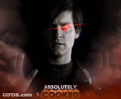 A Poster Of A Man With Red Eyes And The Words Absolutely Cooked Below Him GIF