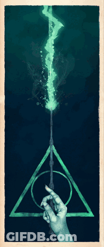 A Poster Of A Person Holding A Wand With The Letter P On It GIF