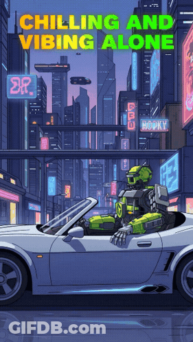 A Poster Of A Robot Driving A Car With The Words Chilling And Vibing Alone GIF