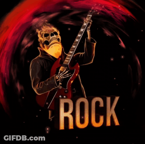 A Poster Of A Skeleton Playing A Guitar With The Word Rock In The Corner GIF
