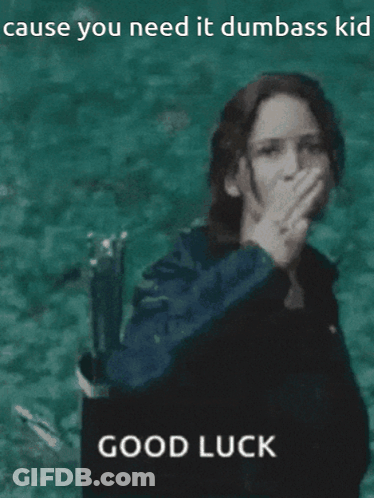A Poster Of A Woman Giving The Middle Finger With The Words " Good Luck " Below Her GIF