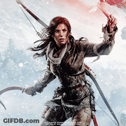 A Poster Of A Woman Holding A Bow And Arrow With The Words " Tomb Raider " On It GIF