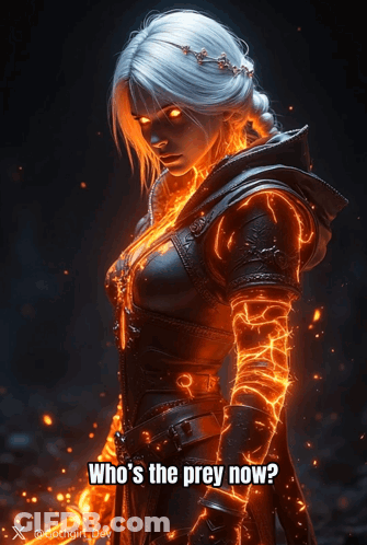 A Poster Of A Woman With Fire Around Her And The Words Who 'S The Prey Now GIF