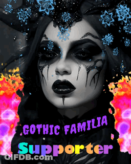 A Poster Of A Woman With Gothic Familia Supporter Written On The Bottom GIF