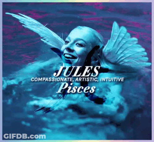 A Poster Of A Woman With Wings That Says Jules Pisces On It GIF