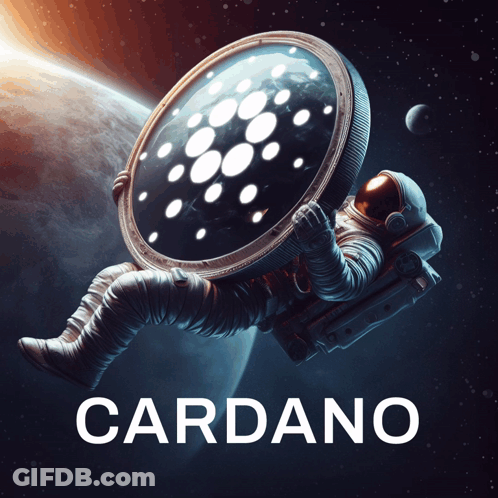 A Poster Of An Astronaut Holding A Cardano Coin In Space GIF