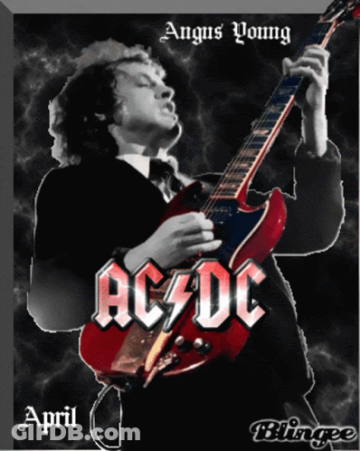 A Poster Of Angus Young From Ac Dc Playing A Red Guitar GIF