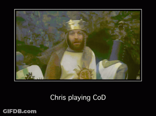 A Poster Of Chris Playing Cod With A Picture Of A Man In Armor GIF