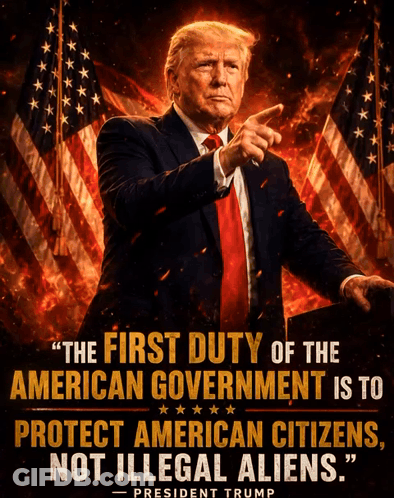 A Poster Of Donald Trump Says " The First Duty Of The American Government Is To Protect American Citizens , Not Illegal GIF