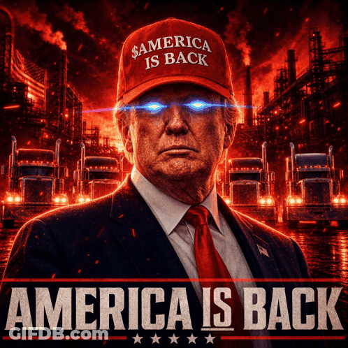 A Poster Of Donald Trump With A Red Hat That Says America Is Back GIF
