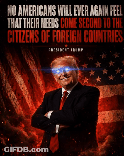 A Poster Of Donald Trump With Glowing Eyes And A Quote From Him GIF