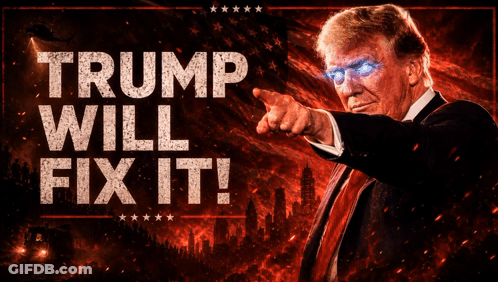 A Poster Of Donald Trump With The Words Trump Will Fix It Behind Him GIF