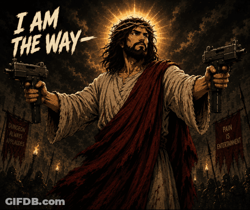 A Poster Of Jesus Holding Guns With The Words " I Am The Way " GIF