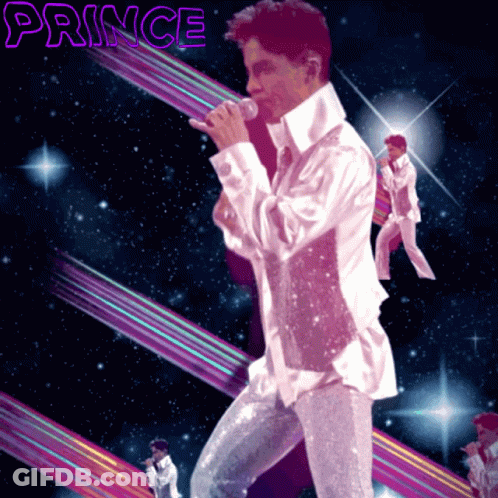 A Poster Of Prince With A Microphone In His Hand GIF