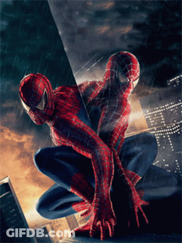 A Poster Of Spider-Man Sitting On A Ledge In The Rain GIF