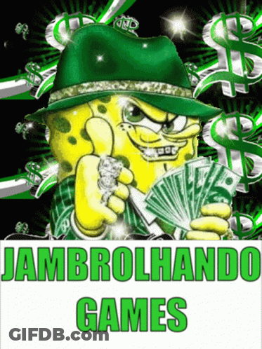 A Poster Of Spongebob Wearing A Green Hat And Holding Money GIF
