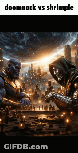 A Poster Of Thanos And Doctor Doom Playing Chess With The Caption Doomnack Vs Shrimple GIF