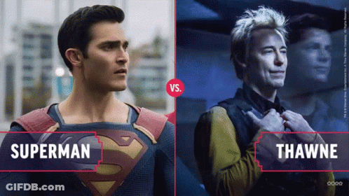 A Poster Showing Superman And Shawnee With A Red Vs. Button GIF