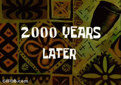 A Poster That Says 2000 Years Later With A Patterned Background GIF