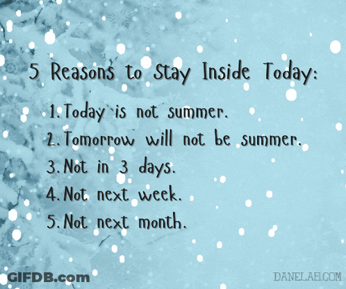 A Poster That Says " 5 Reasons To Stay Inside Today " On It GIF